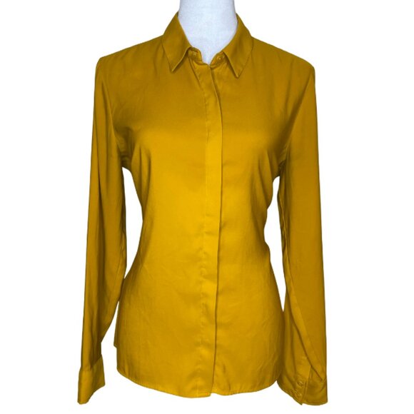 Express Portofino Mustard Long Sleeves Button Up Roll-Tab Sleeve Shirt Blouse M - Picture 1 of 9